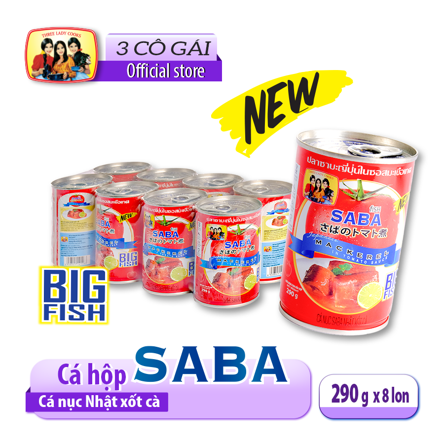8 lon cá hộp 3 cô gái] cá saba xốt cà lon 290gr - nắp giựt