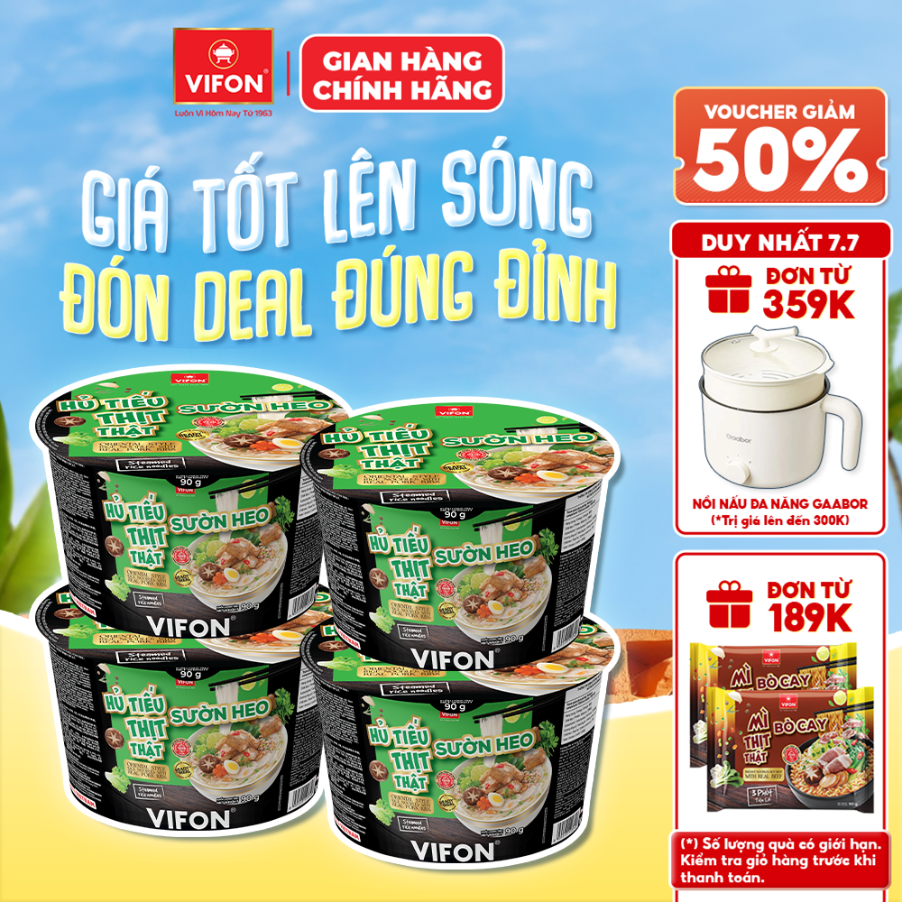 [Voucher 28% đơn từ 400K] Set 4 Tô Hủ Tiếu Sườn Heo/ Nam Vang Thịt Thật VIFON 90g Có Gói Thịt Thật Dạng Tô Tiện Lợi