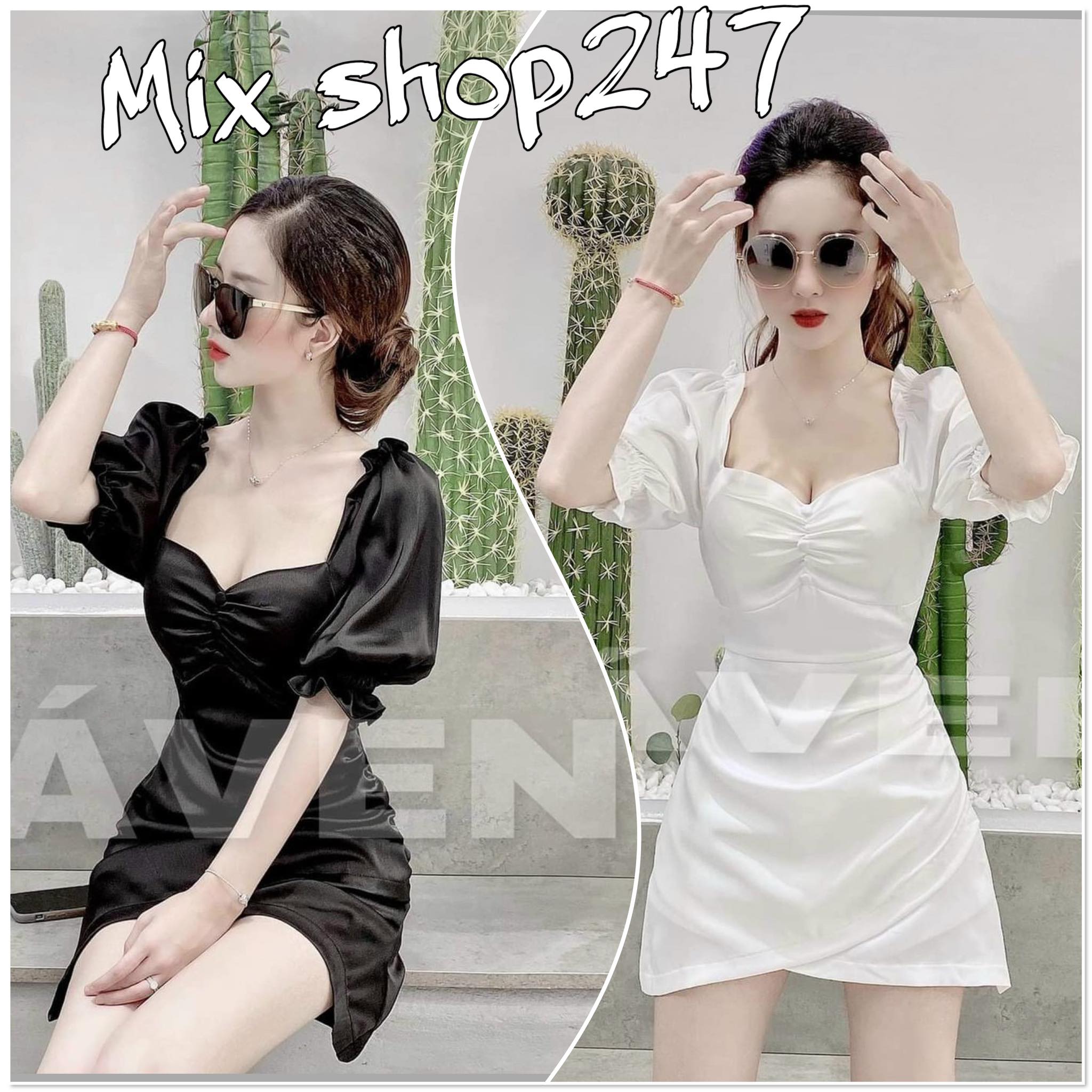 Đầm nữ tay phồng đính nút ngực chất liệu satin có mút ngực