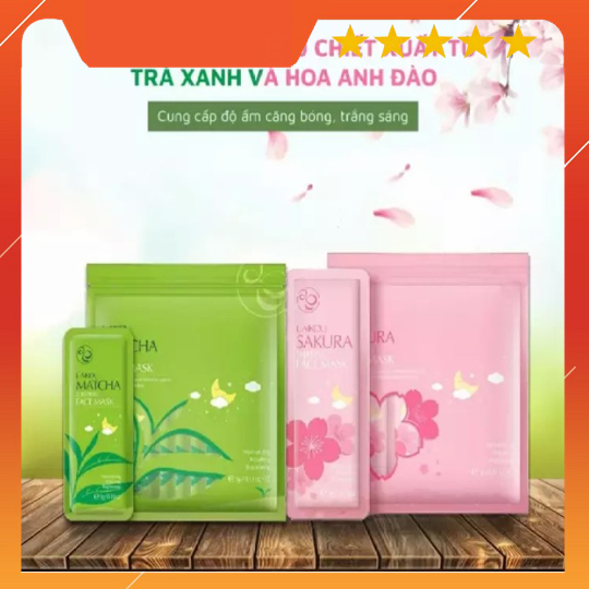 [COMBO 2 BỊCH] gồm 15 gói mặt nạ ngủ trà xanh LAIKOU và 15 gói mặt nạ ngủ hoa anh đào SAKURA LAIKOU