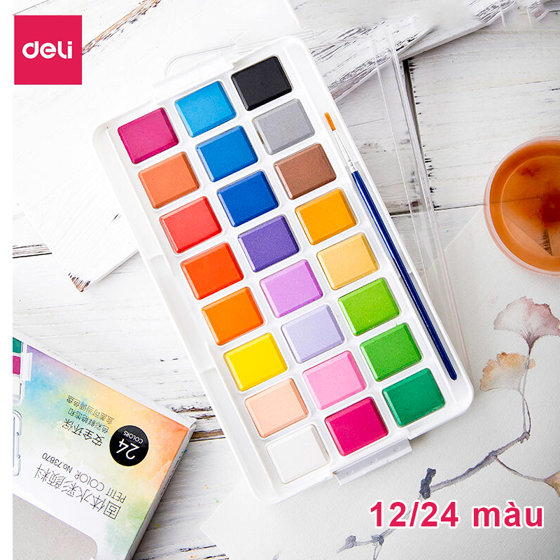 Deli Màu nước dạng nén đính kèm cọ vẽ màu nước bên trong Có thể sử dụng nắp của sản phẩm làm bảng khay pha màu vẽ watercolor