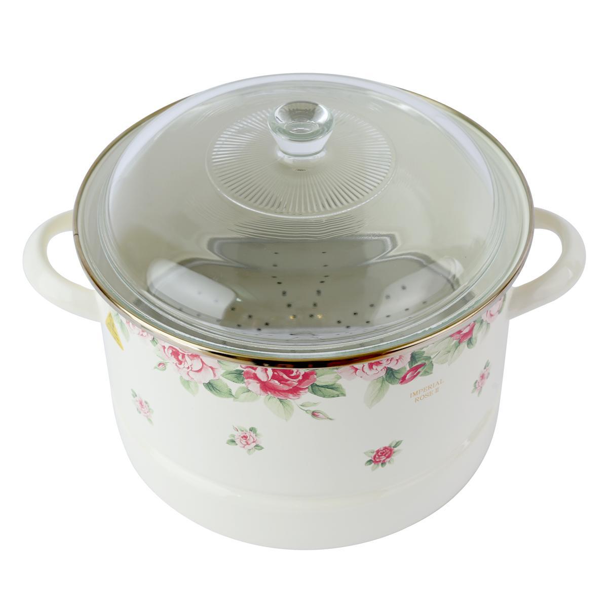 Bộ Nồi tráng men Nhật Bản cao cấp Fujihoro FRV- 18W và nồi hấp 24w(hoa hồng)- sử dụng trên bếp từ.nhập khẩu THÁI LAN.Tặng 1 vá canh và 5 muỗng inox