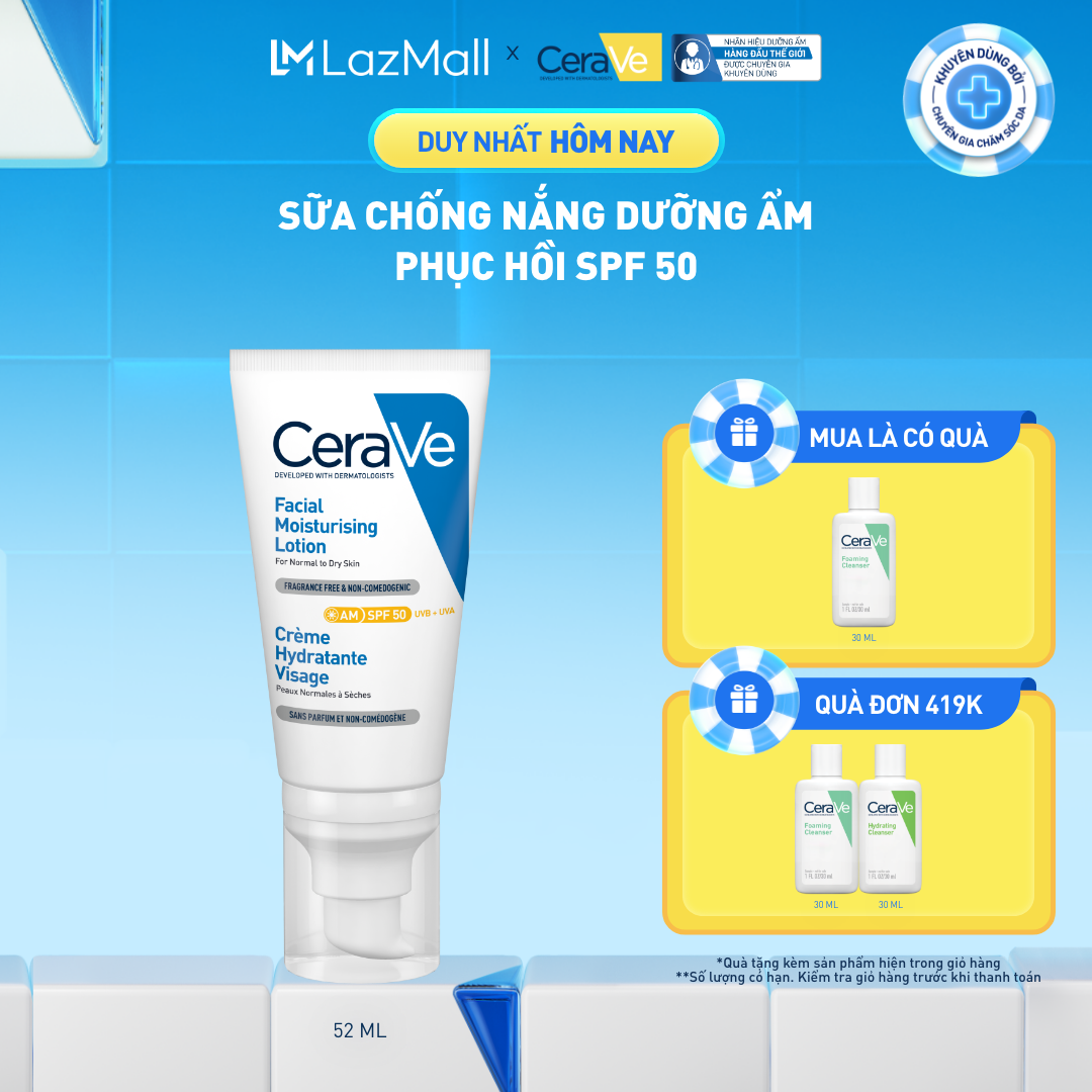 Sữa chống nắng dưỡng ẩm phục hồi SPF50 CeraVe Facial Moisturising Lotion AM 52ml