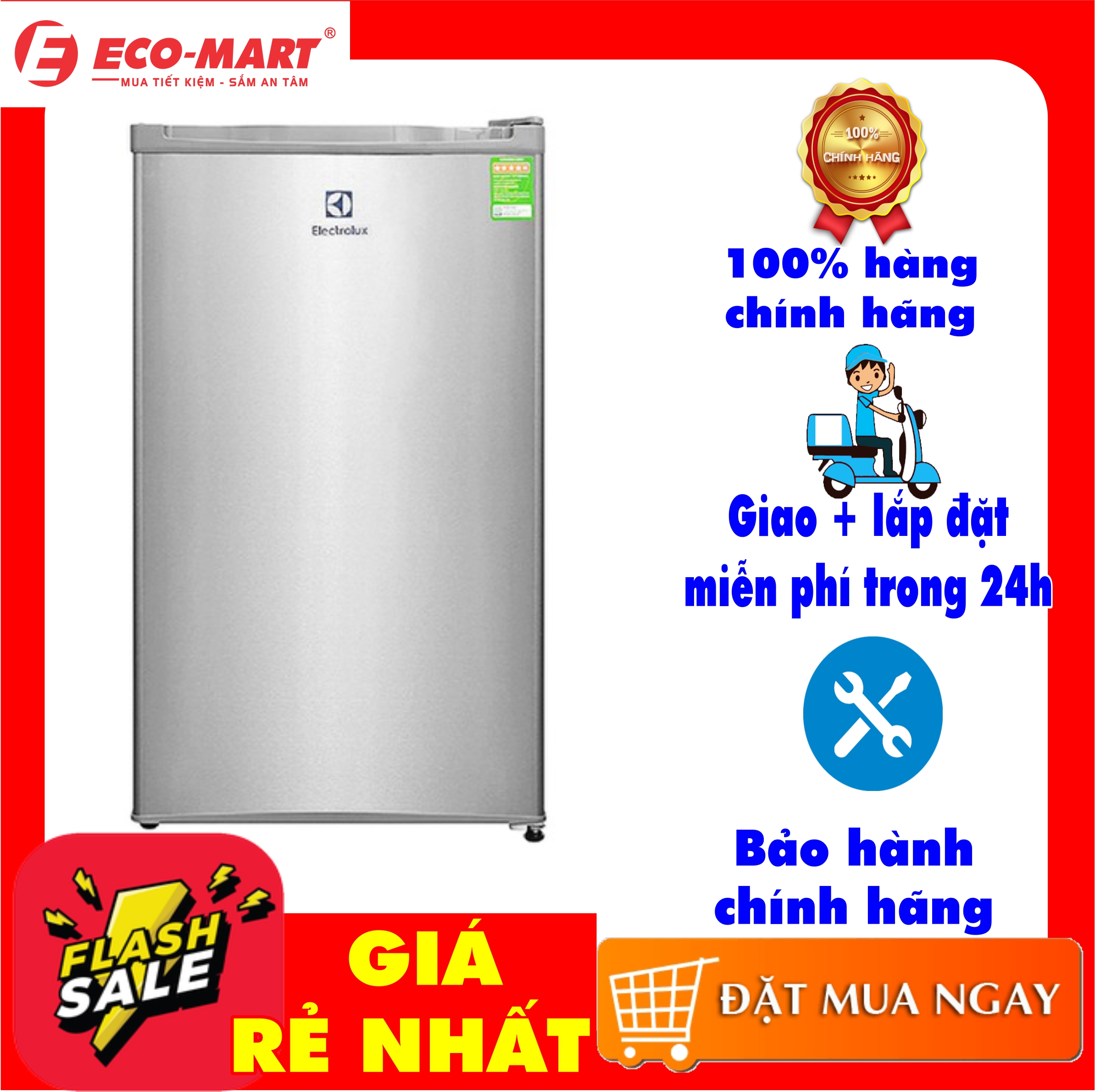 Tủ lạnh mini Electrolux EUM0900SA 92 lít, Dung tích tổng:92 lít Dung tích sử dụng:85 lít Số người sử dụng:1 - 2 người Công nghệ Inverter:Tủ lạnh thường Điện năng tiêu thụ:~ 0.55 kW/ngày