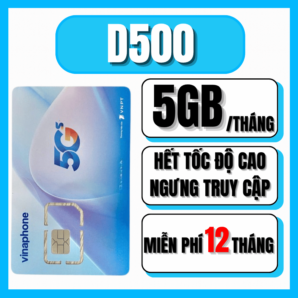 Sim 5G Vina Trọn Gói 1 Năm Gói Cước Chuyên vào mạng Ezcom  D500 Có 5Gb 1 tháng tốc độ cao  . Bảo hàn