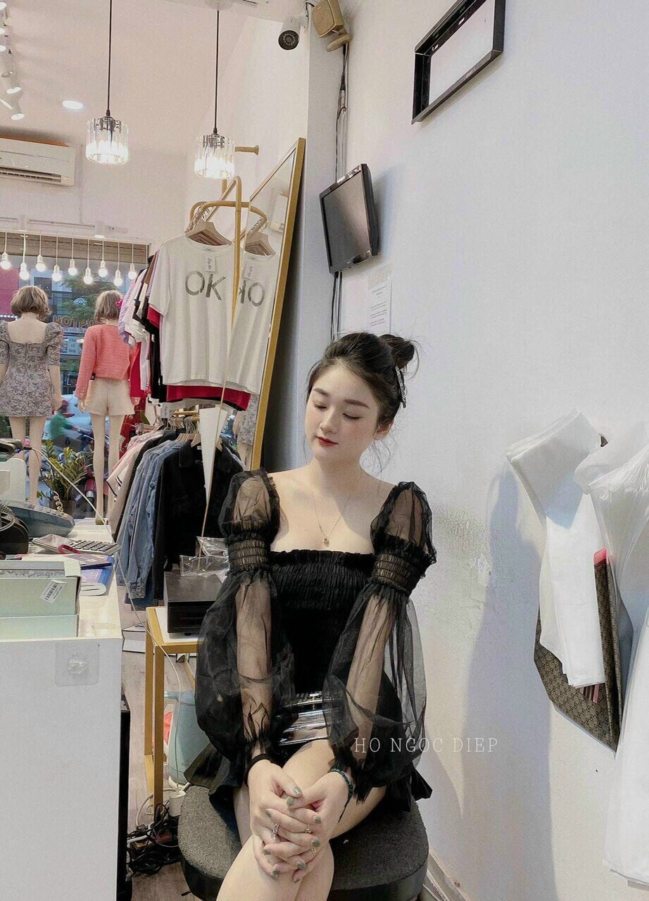 Áo voan nhún thân vuông tay phối lưới đẹp TTSA0815