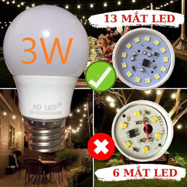 [LOẠI TỐT 13 MẮT LED] COMBO 10 Bóng đèn led 3w bóng tròn trang trí ánh sáng vàng, trắng sáng, bền, đẹp trang trí ngoài trời chống thấm nước