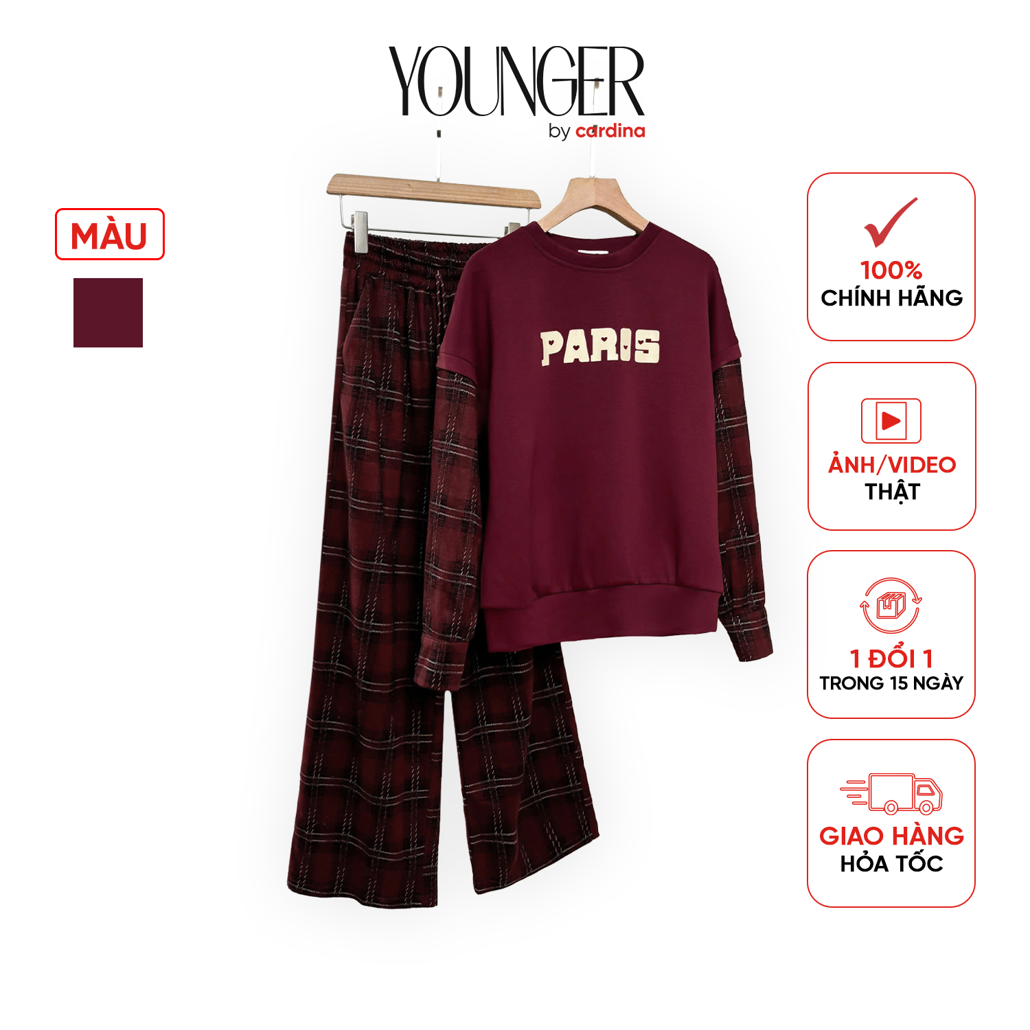  Đồ bộ nữ Younger By CARDINA chất liệu áo umi quần nỉ kẻ phối vai chờm quần ống suông hình in nổi bật trẻ trung 4BNF10 
