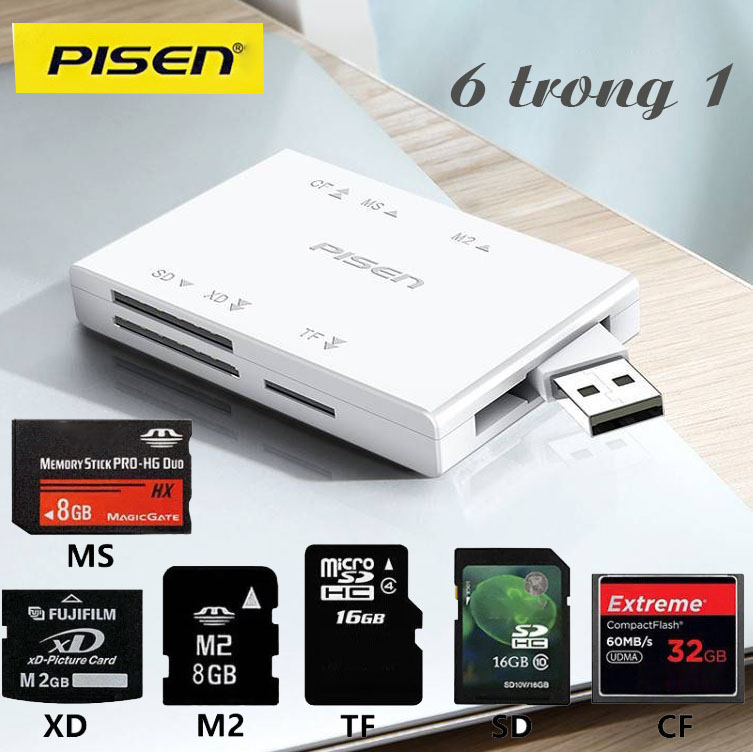 Đầu đọc thẻ nhớ đa năng PISEN - 6 khe cắm thẻ SD, MicroSD, CF, MS Pro Dua