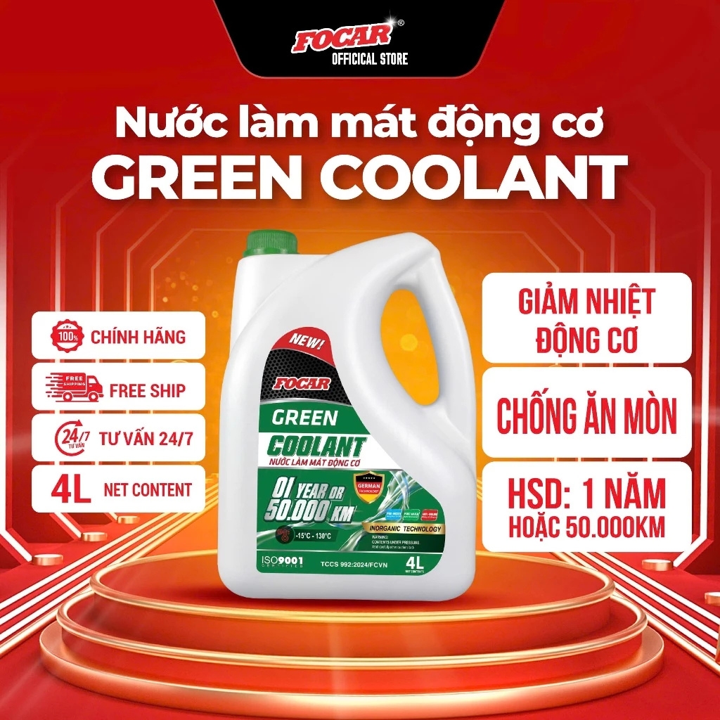 Nước làm mát động cơ ô tô Focar Green Coolant 4L - Nước làm mát xe hơi, nước làm mát động cơ, nước làm mát máy, làm mát tiêu chuẩn, nước làm mát FOCAR tiêu chuẩn Đức, nước làm mát máy, nước làm mát máy