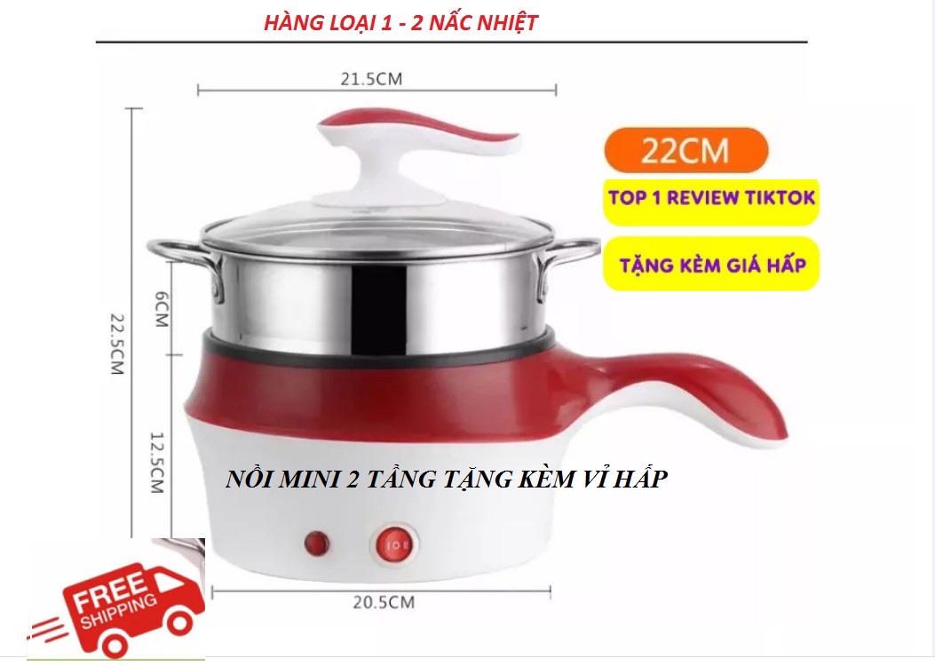 [2 nấc nhiệt]Nồi lẩu điện đa năng mini 2 tầng size 18 kèm xửng hấp inox chống dính - Hàng chất lượng loại 1