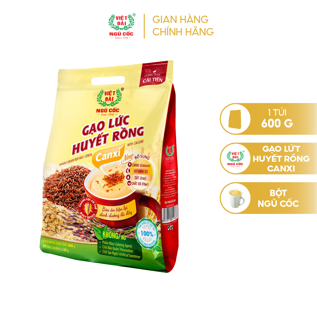 Bột Ngũ Cốc Gạo Lức Huyết Rồng Canxi VIỆT ĐÀI Túi 600g Thơm Ngon Giúp Thanh Lọc Cơ Thể