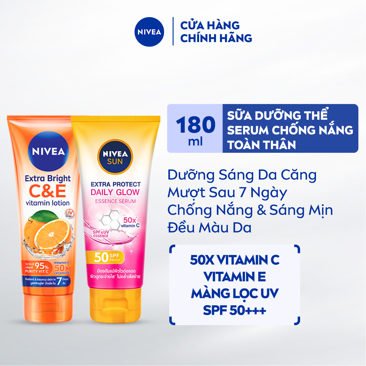 Bộ 2 Sữa Dưỡng Thể NIVEA Vitamin Dưỡng Sáng Da (170 ml) + Serum Chống Nắng  Dưỡng Thể Toàn Thân NIVEA Sáng Mịn Đều Màu SPF50, PA+++