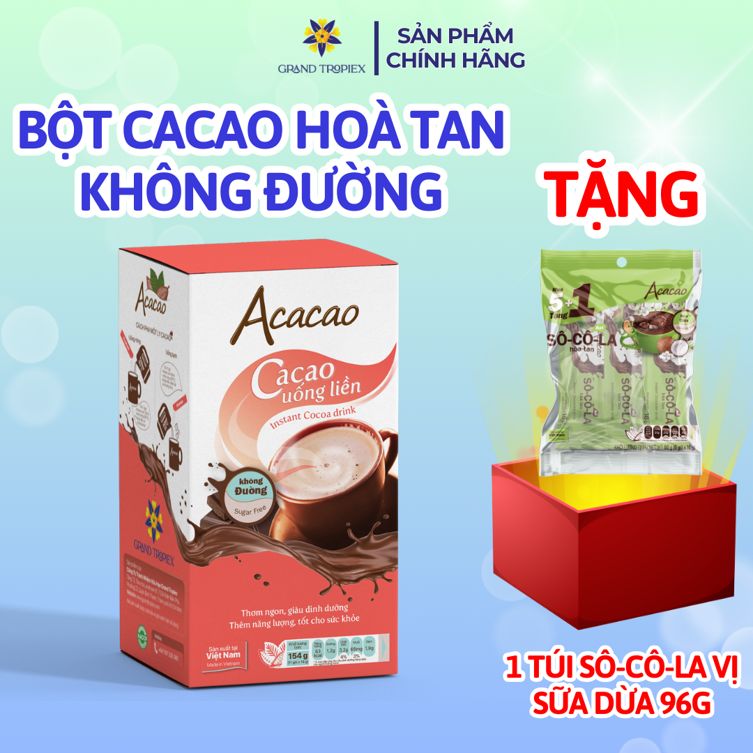 Bột cacao hòa tan không đường acacao uống liền tiện lợi, bột cacao dinh dưỡng - hộp 154g
