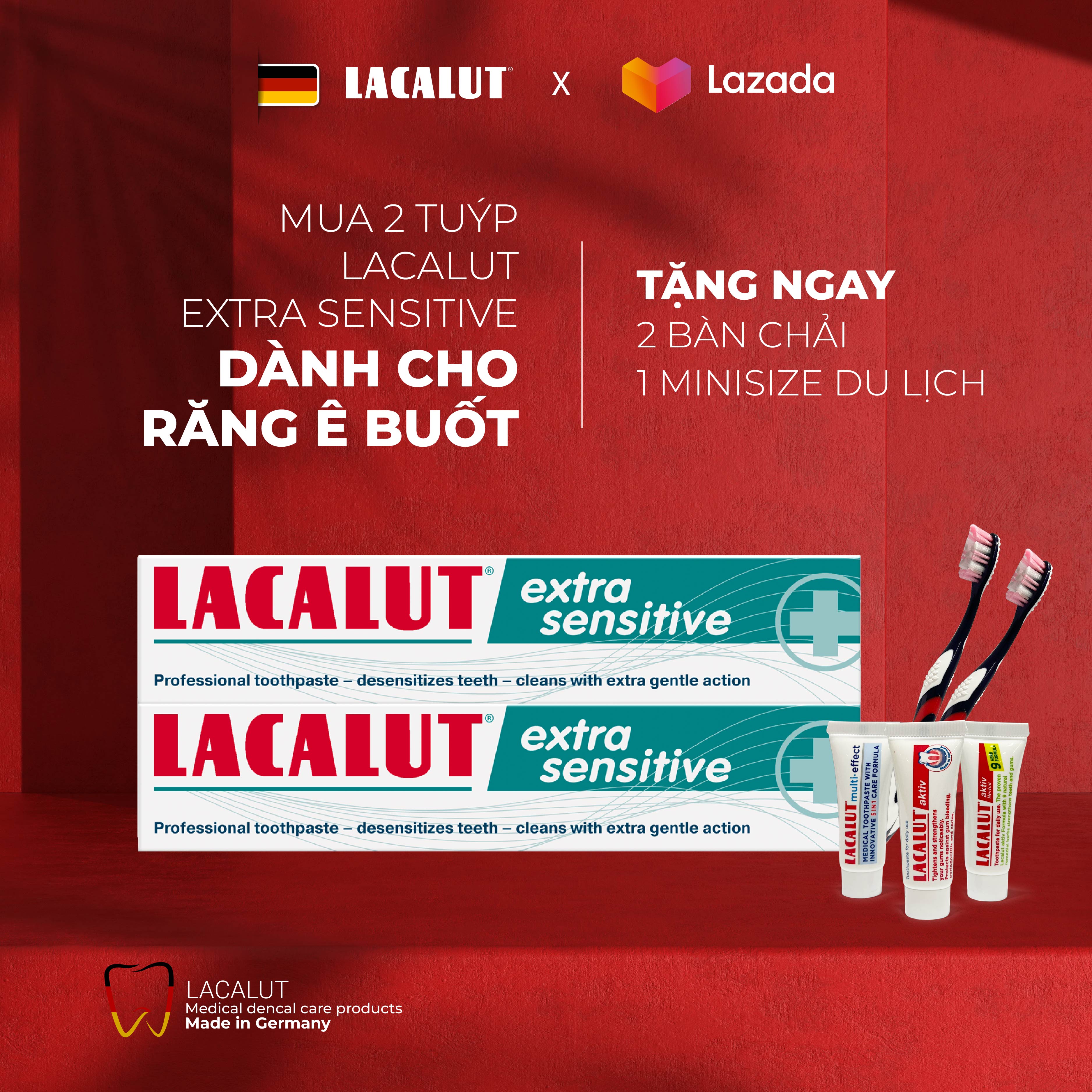 Combo 2 tuýp lacalut extra sensitive - siêu chống ê buốt cho răng nhạy cảm + 2 bàn chải + 3 mẫu thử