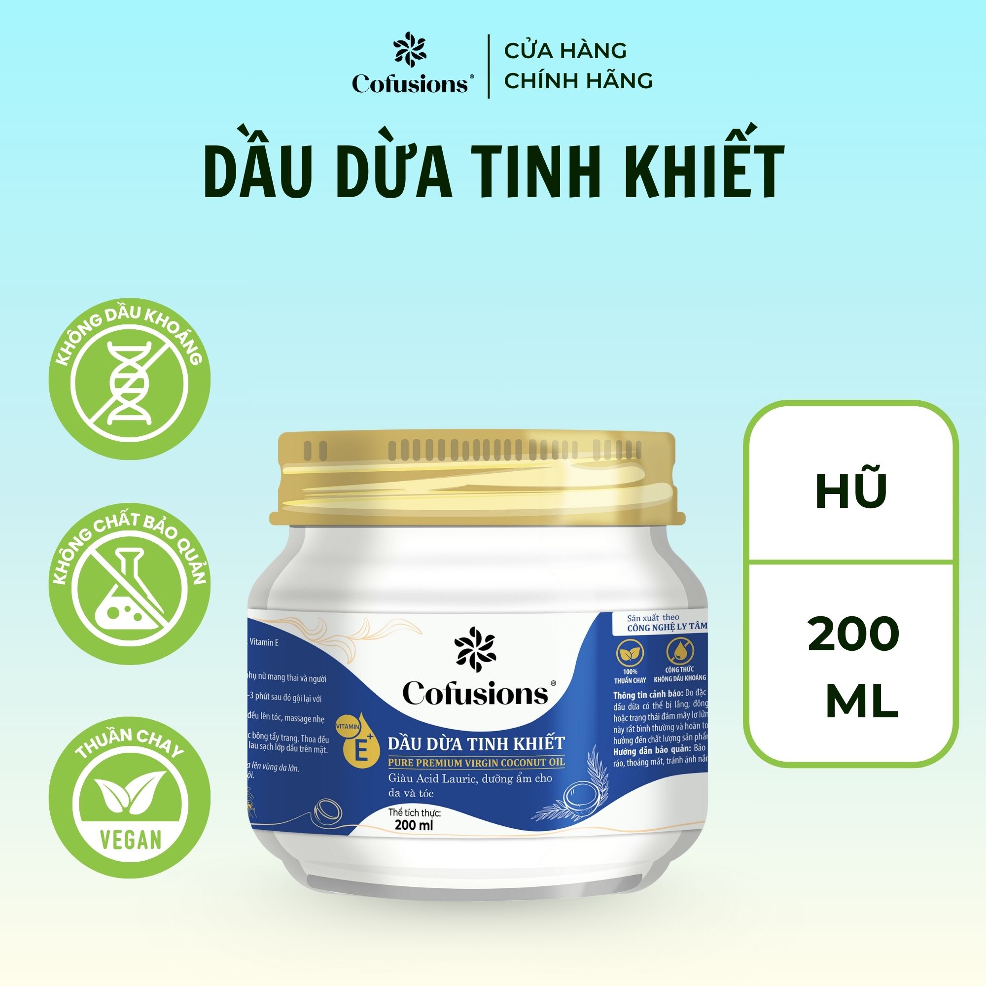 [NHÃN MỚI CFS] Dầu dừa tinh khiết mỹ phẩm Cofusions - Keo thủy tinh 200ml - Coconut Oil