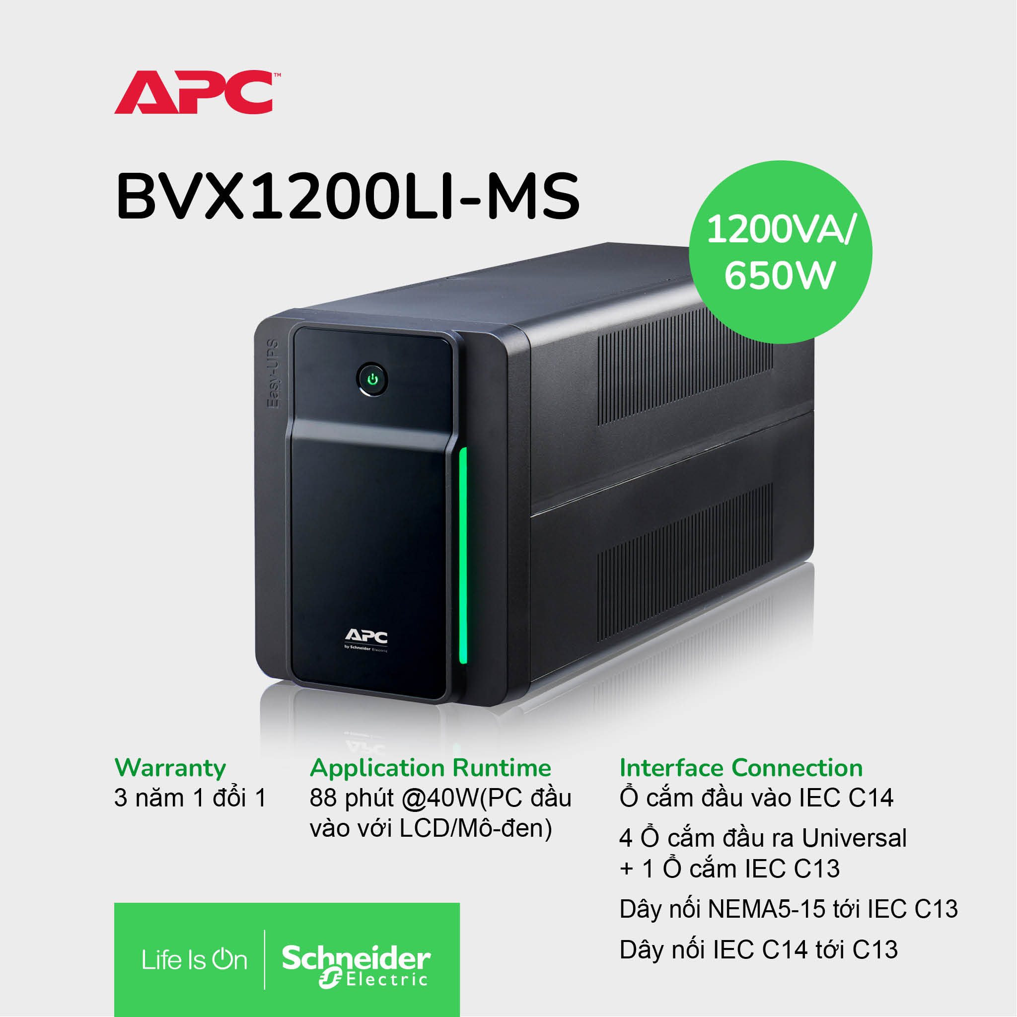 Bộ lưu điện apc by schneider electric ups 1200va 230v & ổn áp bvx1200li-ms