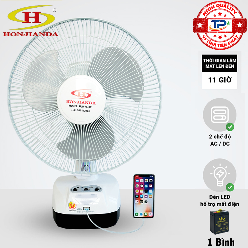 Quạt Sạc và Đèn Sạc Tích Điện Dự Phòng có cổng sạc USB 5V Honjianda HJD-FL301 đèn ngủ Led nguồn AC/DC