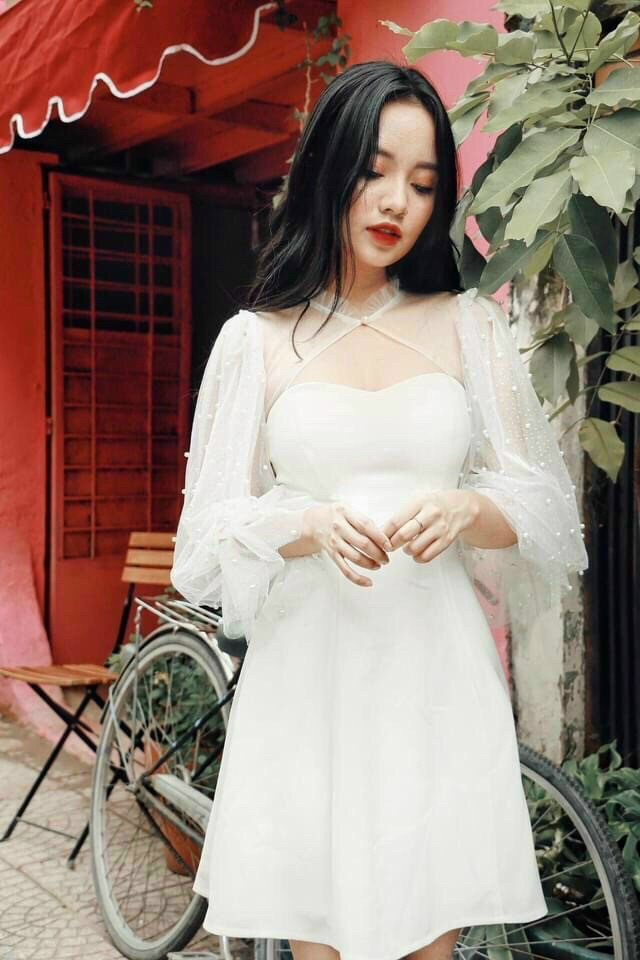 Đầm phối lưới tay bồng