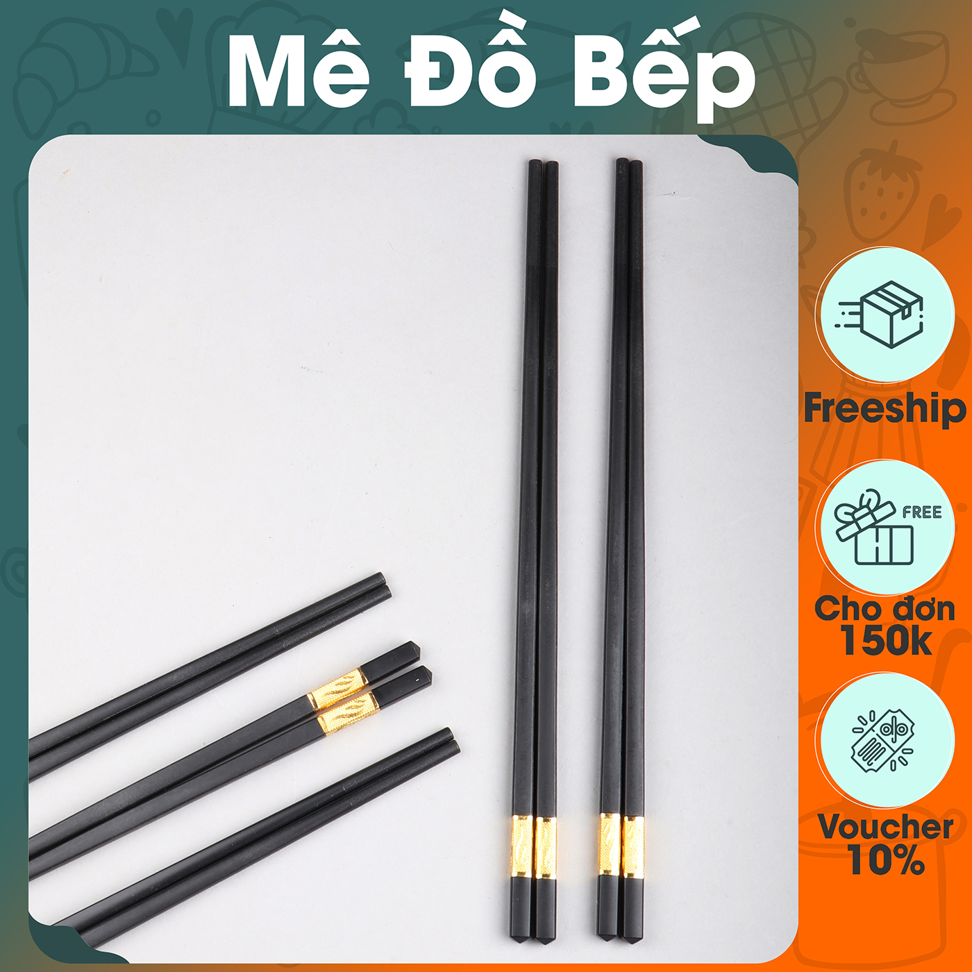 Bộ 10 đôi đũa nhựa chịu nhiệt Bam House đuôi hoạ tiết vàng cao cấp DMV05 - Gia dụng bếp