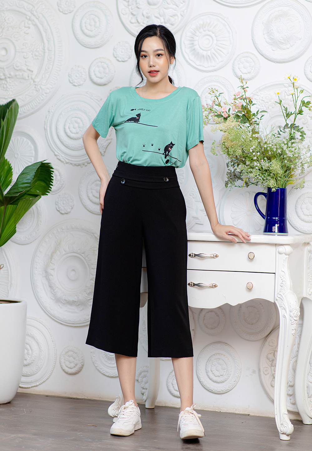 Quần culottes ống rộng Mila dáng lửng cạp cách điệu thời trang 20QR007DE