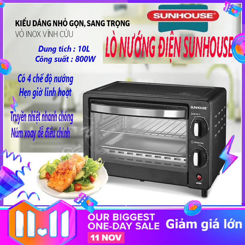 Lò nướng điện đa năng, lò nướng sunhouse - shd 4207 công xuất 800w, dung tích 10l, lò nướng điện mini cao cấp có chế độ hẹn giờ, thanh nướng phủ lớp trống dính an toàn, lò nướng mini - bh 12 tháng, lỗi 1 dổi 1 trong 7 ngày