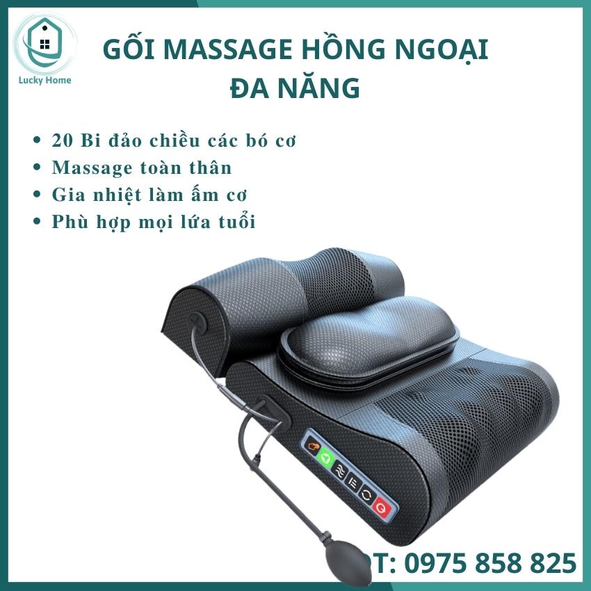 Gối massage cổ vai gáy, máy massage lưng hồng ngoại 20 bi, có gồm túi khí và túi thảo dược hỗ trợ má