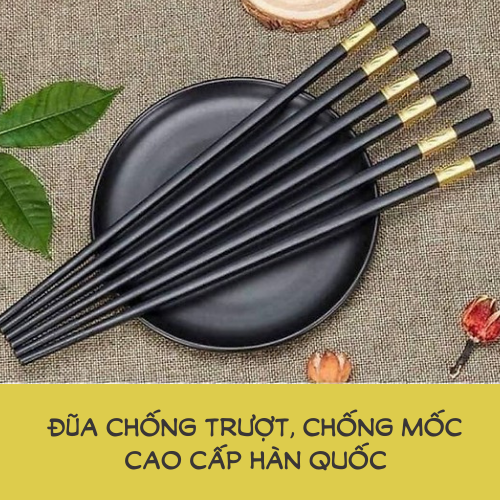 Đũa nhựa mạ vàng Hàn Quốc cao cấp, Bộ 10 đôi, có sần đầu đũa chống trượt, chất liệu sợi thủy tinh chống bong tróc hay mốc, Gimo