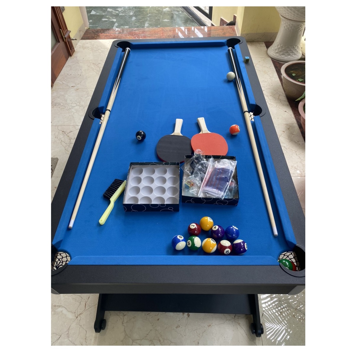 Bàn bida cỡ lớn kết hợp bóng bàn 2 trong 1, đầy đủ phụ kiện, bi a lỗ, bóng bàn mini gia đình văn phòng kinh doanh hanana