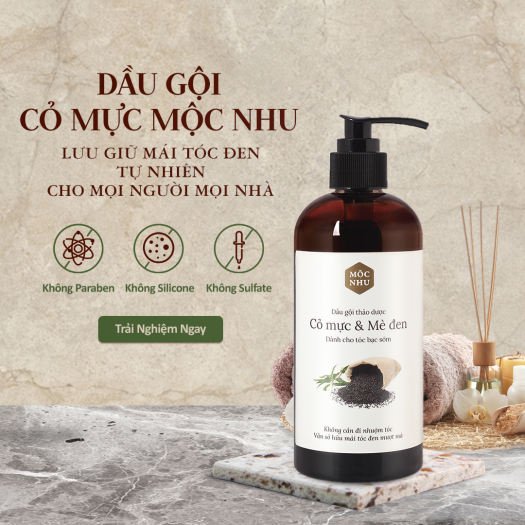 Dầu gội Phủ Đen Tóc, Chống Bạc Sớm, Giúp Tóc Đen Mượt, Cỏ Mực và Mè đen Mộc Nhu 300ml