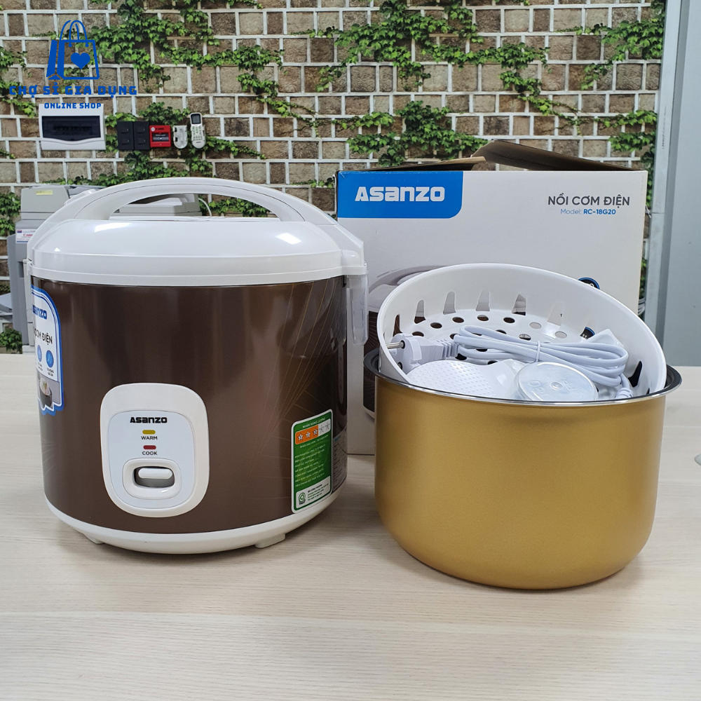 Nồi cơm điện nắp gài 1,8 lít asanzo rc-18g20, lòng nồi tráng men hàng chính hãng- bh 12 tháng