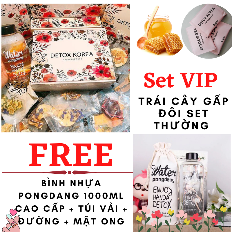 SET VIP 70 Gói Trà Detox hoa quả sấy khô, DETOX KOREA - SET CAO CẤP KÈM MẬT ONG, ĐƯỜNG - Tặng Bình Nhựa PONGDANG 1000ml Cao Cấp + Hộp + Túi vải 