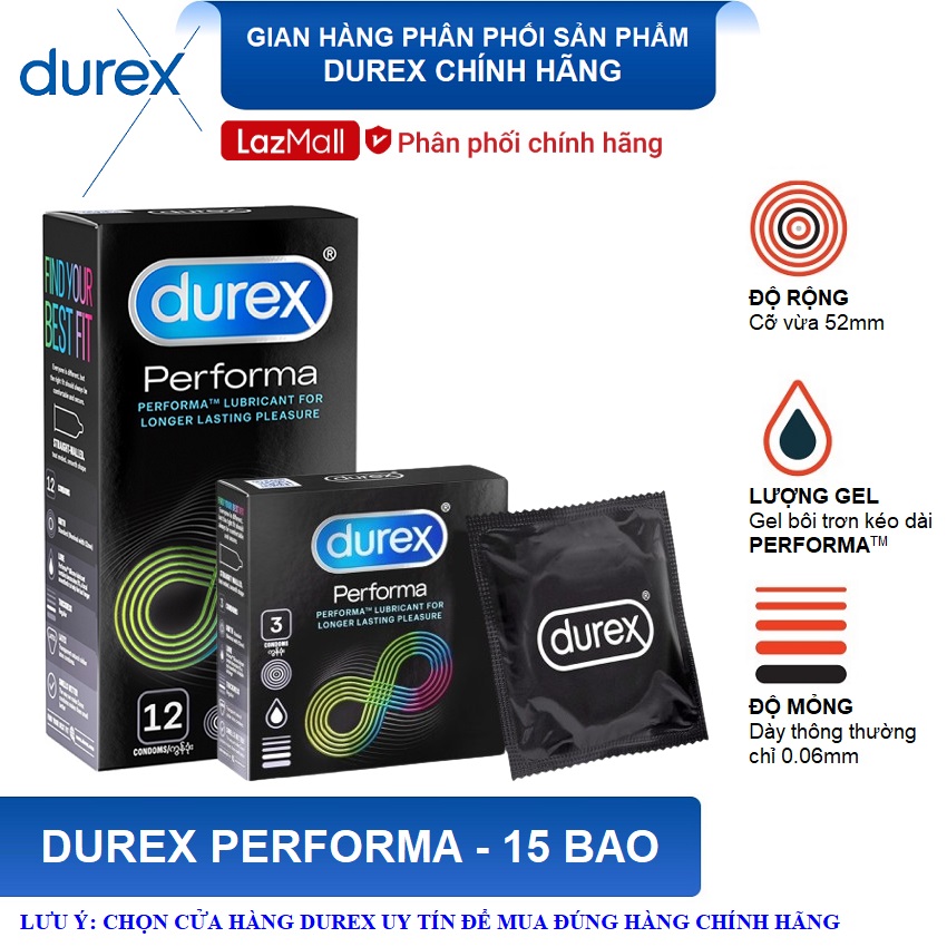Bộ 2 hộp Bao cao su Durex Performa 12 bao + Bao cao su Durex Performa 3 bao - Kéo dài thời gian quan hệ , size 52mm cỡ vừa