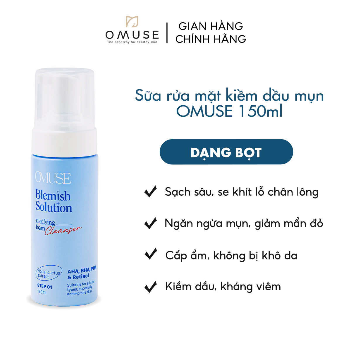 Sữa rửa mặt giảm mụn dạng bọt OMUSE Blemish Solution Clarifying Foam Cleanser 150ml