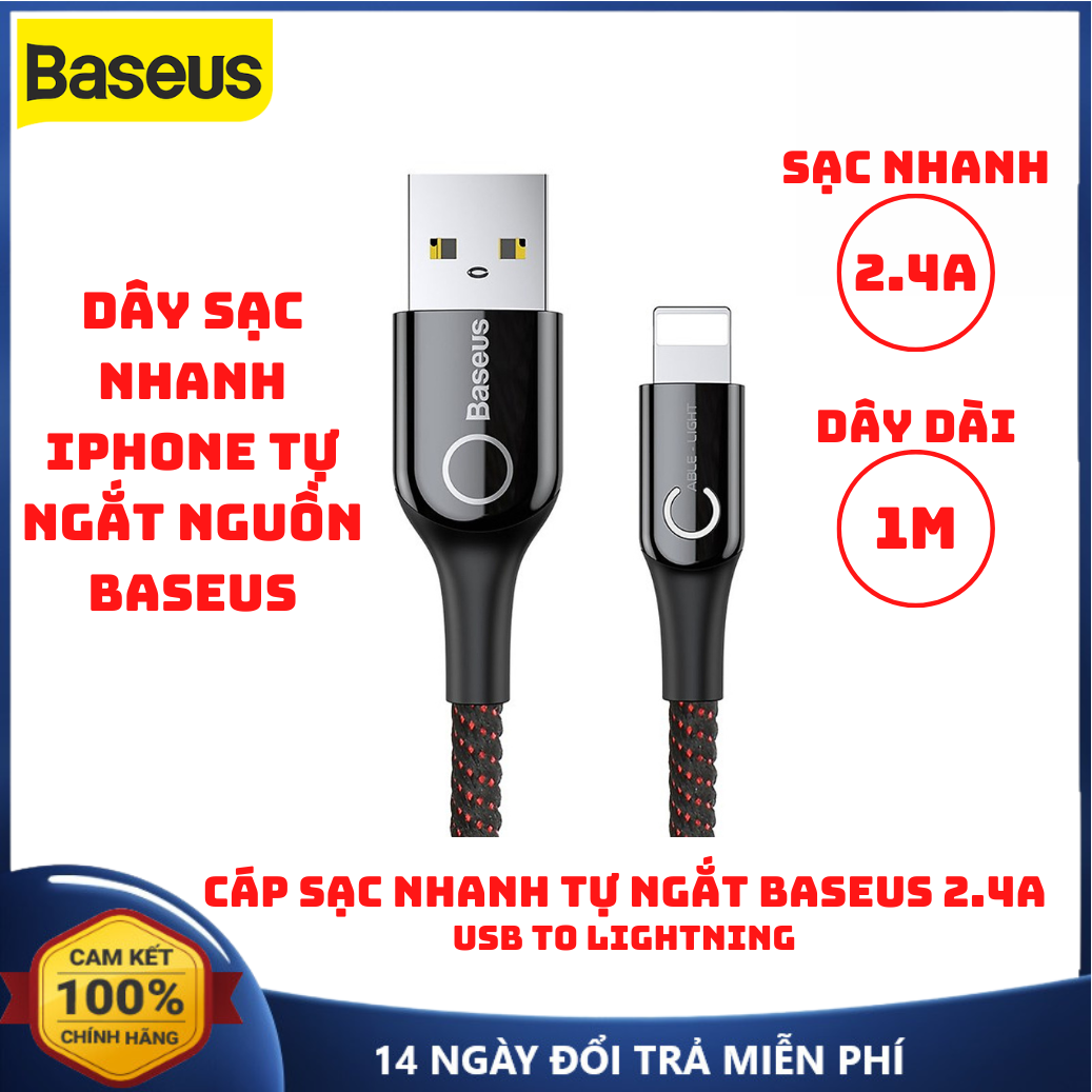 Cáp sạc nhanh tự ngắt iphone baseus 2.4a usb to lightning dây sạc tự ngắt iphone cáp sạc tự ngắt iphone tự ngắt khi đầy pin