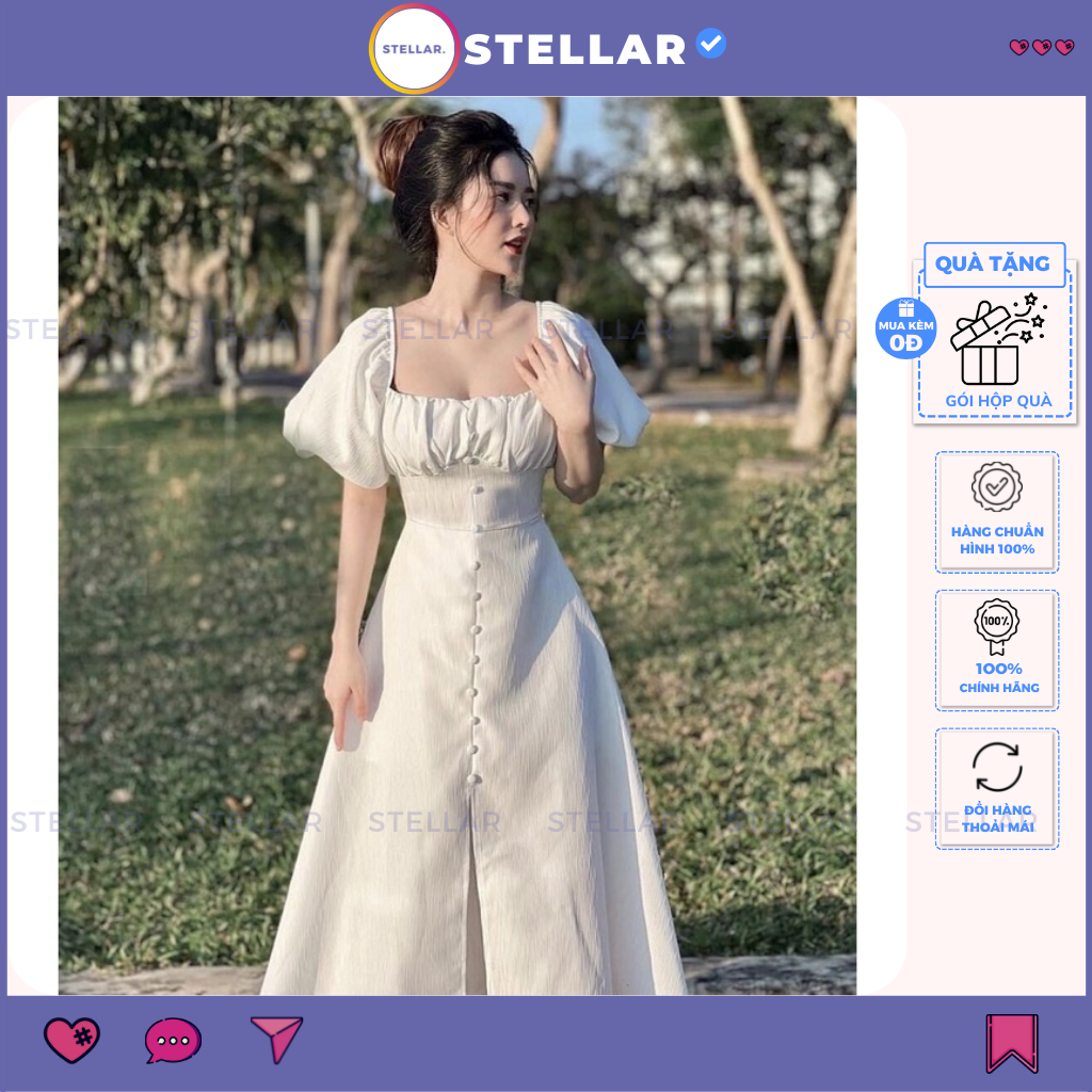 Đầm nữ đi sinh nhật cổ vuông nhúng ngực tay ngắn bồng sành điệu, đầm nữ form dài dáng xòe nút bọc xẻ tà màu trắng – dx409