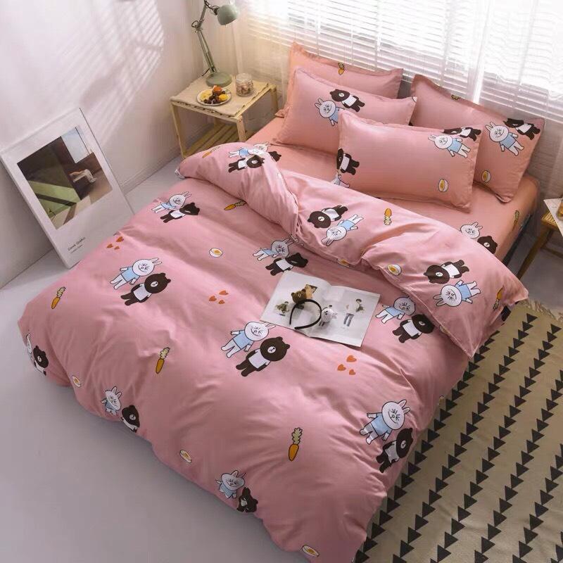 Bộ chăn ga gối cotton hàn quốc màu hồng hình thú