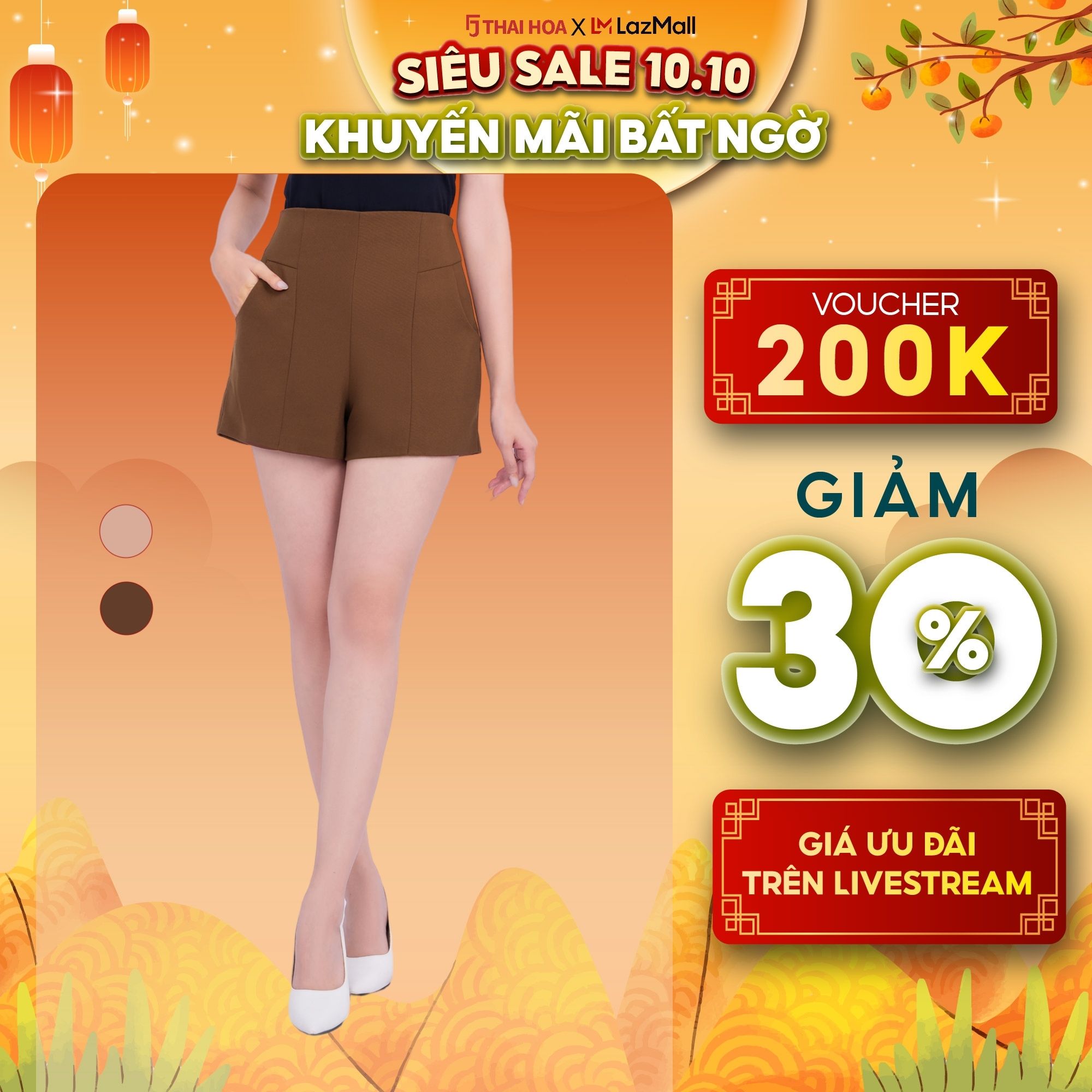 Quần short ngắn nữ Thái Hòa Quần đùi nâu be vải tuyết mưa 23QSW-110