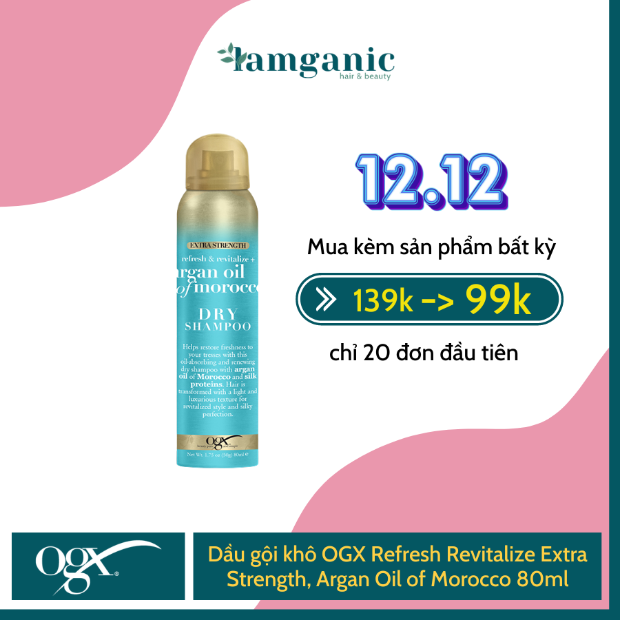 Dầu Gội Khô OGX Refresh Revitalize Extra Strength, Argan Oil of Morocco 80ml bổ sung collagen cho tóc khỏe bồng bềnh