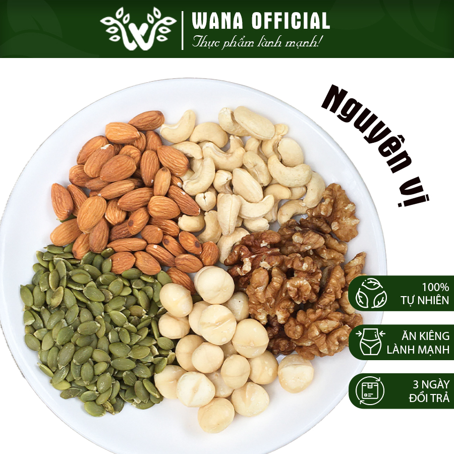 Hạt dinh dưỡng mix sấy nguyên vị hạnh nhân, hạt óc chó, hạt điều, hạt bí xanh, hạt hướng dương, macca, nho khô Wana