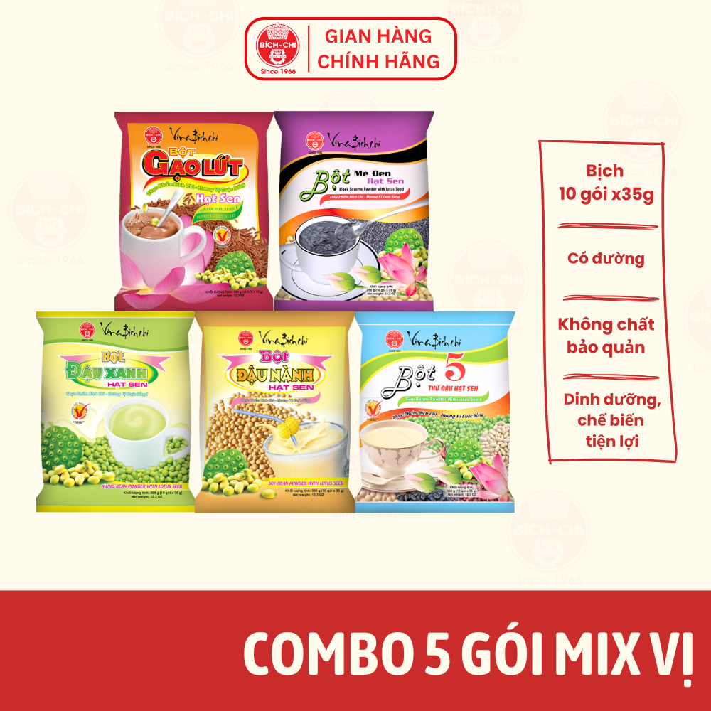 Combo 5 Bịch Bột Hạt Sen 5 Vị Bích Chi - Không Đường và Có Đường - (Bịch 10 Gói Lẻ)