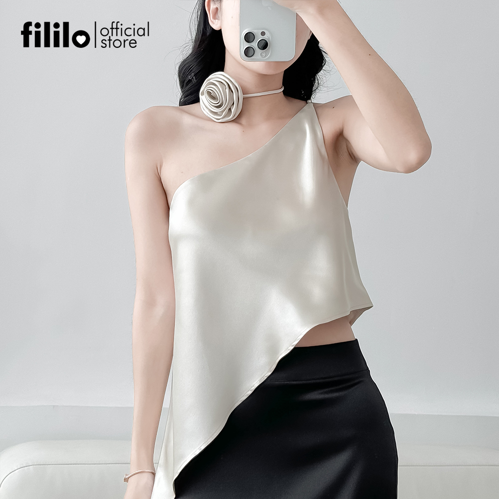 Áo cổ lệch vai chéo tà xéo fililo vải lụa chris top thiết kế chuẩn form cao cấp