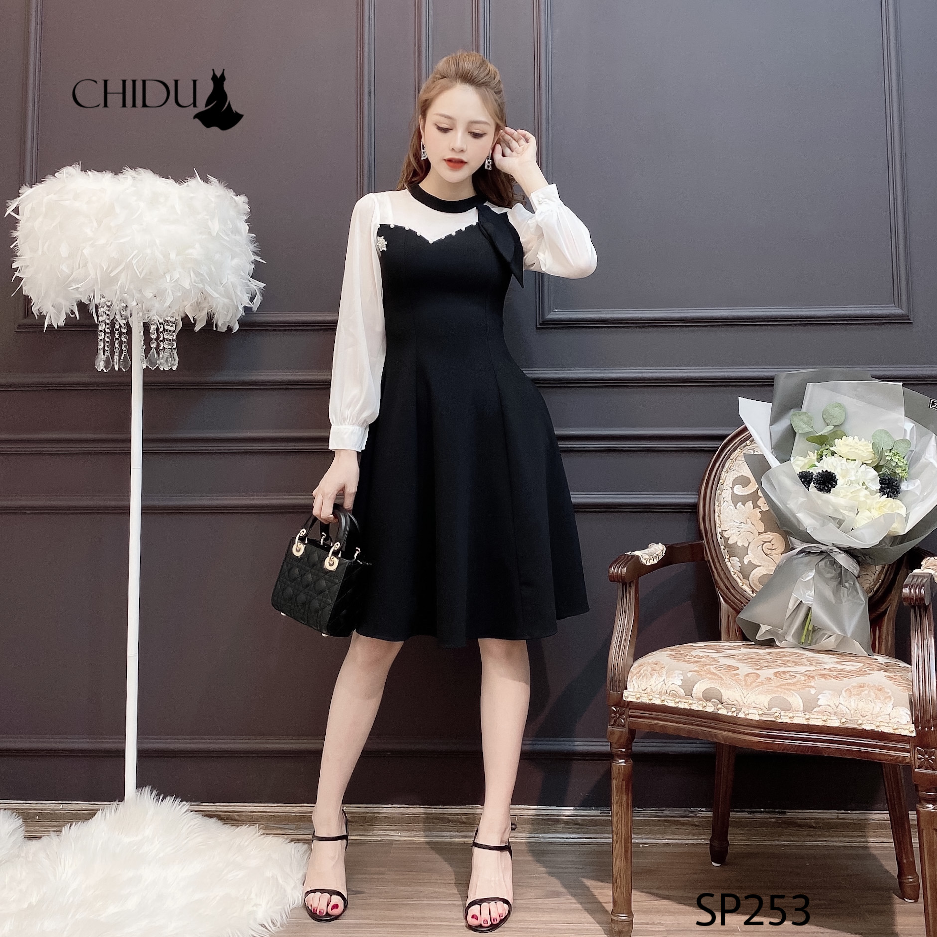 CHIDU Váy xoè công sở nữ, váy xoè cổ hai lá thanh lịch - SP253