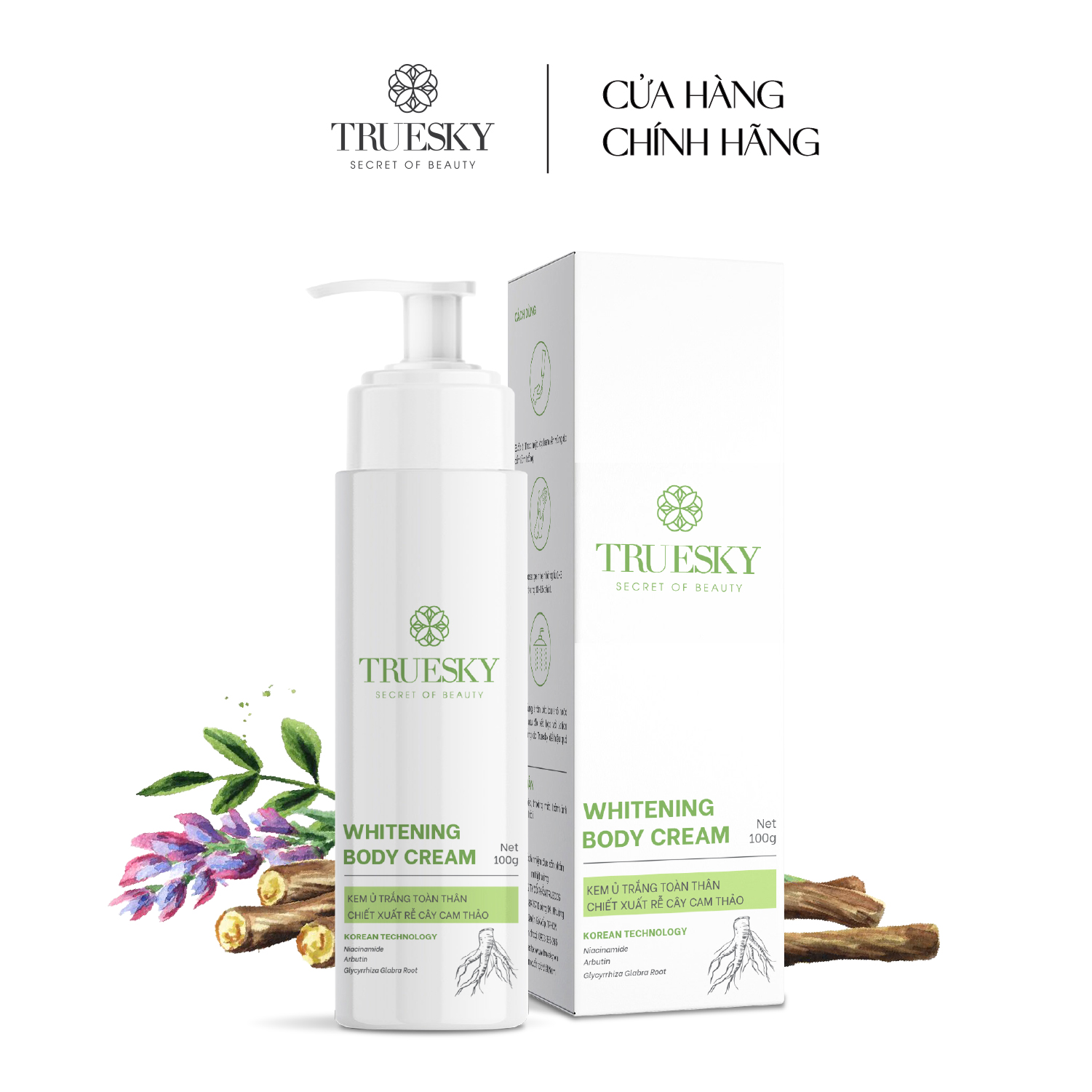 Kem ủ trắng toàn thân Truesky Whitening Body Cream chiết xuất rễ cây cam thảo 100g