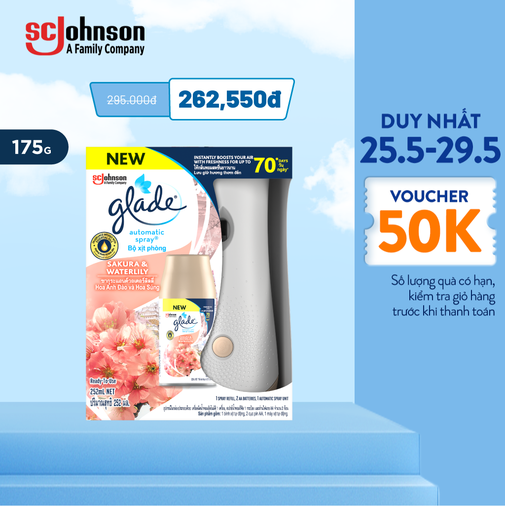 GLADE Bộ Máy & Lõi Xịt thơm phòng tự động Hương Hoa Anh Đào Lily 252ML
