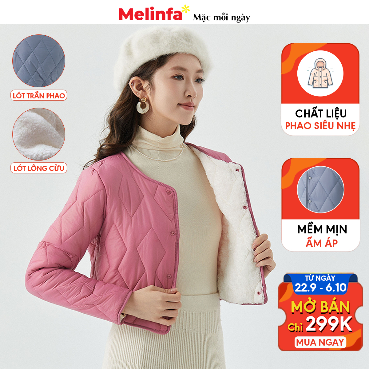  Áo phao nữ siêu nhẹ dáng lửng trẻ trung mềm mại ấm áp mặc thu đông áo phao croptop trần bông áo phao ngắn lông cừu mã VAA0540 