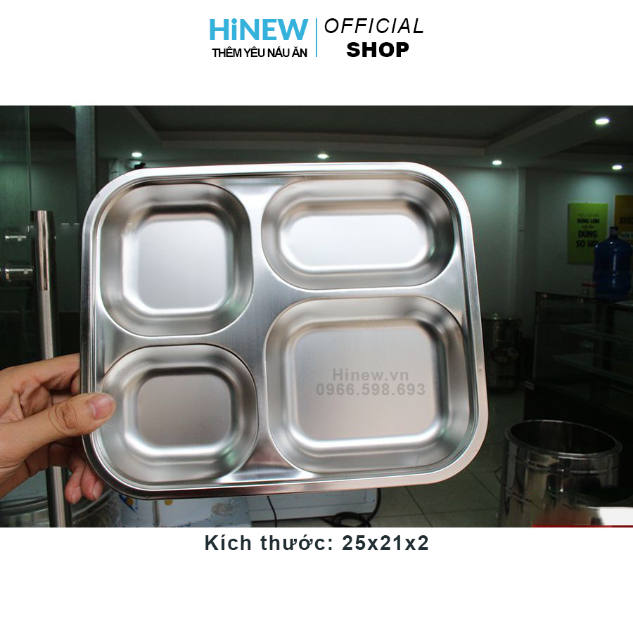 Freeship max - khay cơm inox 4 ngăn sâu 2cm giá rẻ