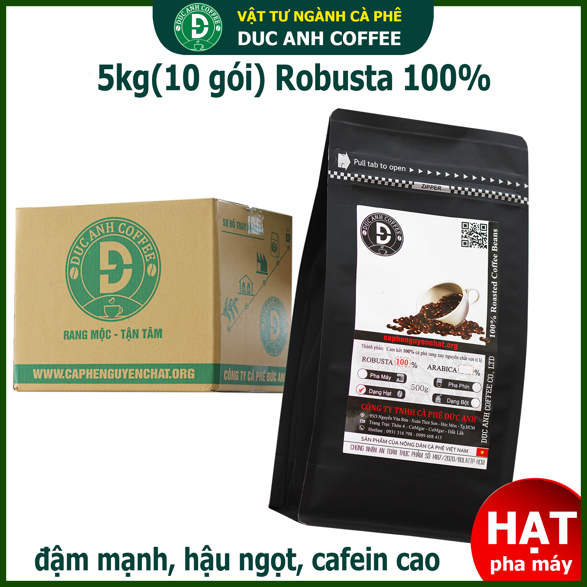 Thùng 5kg cà phê Hạt pha máy 100% Robusta - 10 gói 500g - đậm vị đắng mạnh hậu ngọt - bán trực tiếp từ nhà sản xuất - DUC ANH COFFEE - Cafe Đức Anh - Whole Beans Coffee - cafe hạt