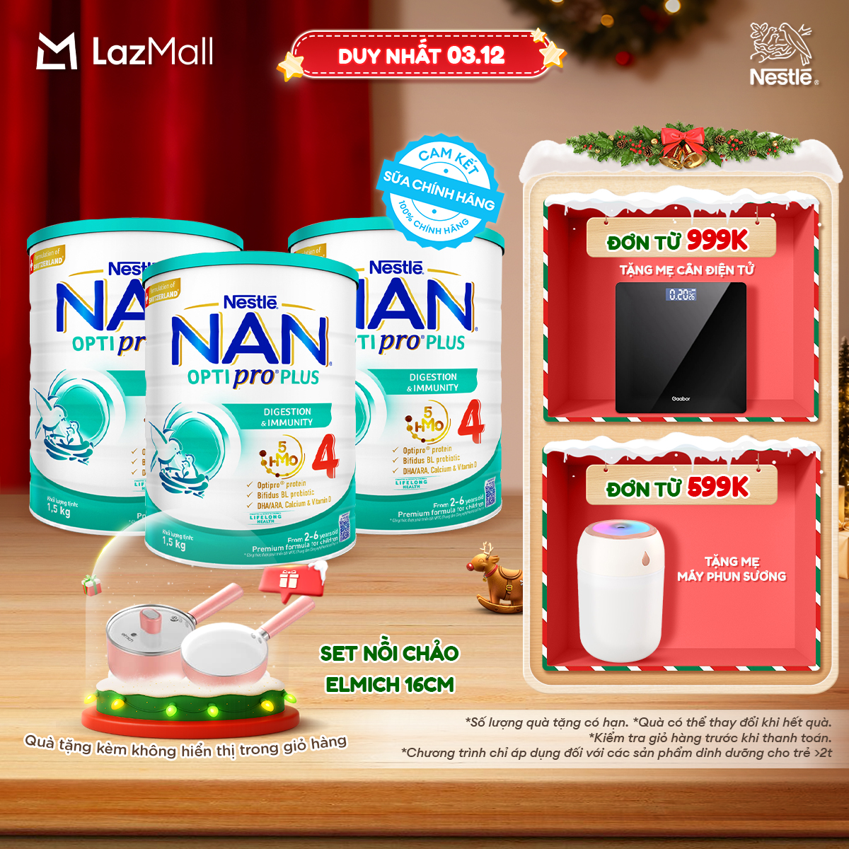 [CHỈ 20H 11-14.12 QT Đơn 599K/999K] [Tặng Bộ nồi chảo chống dính Elmich size 16cm] Bộ 3 lon Sữa bột Nestlé NAN OPTIPRO PLUS 4  với 5HMO xuất xứ Thụy Sĩ - Hộp 1500g/lon với 5HMO Giúp tiêu hóa tốt + Tăng cường đề kháng