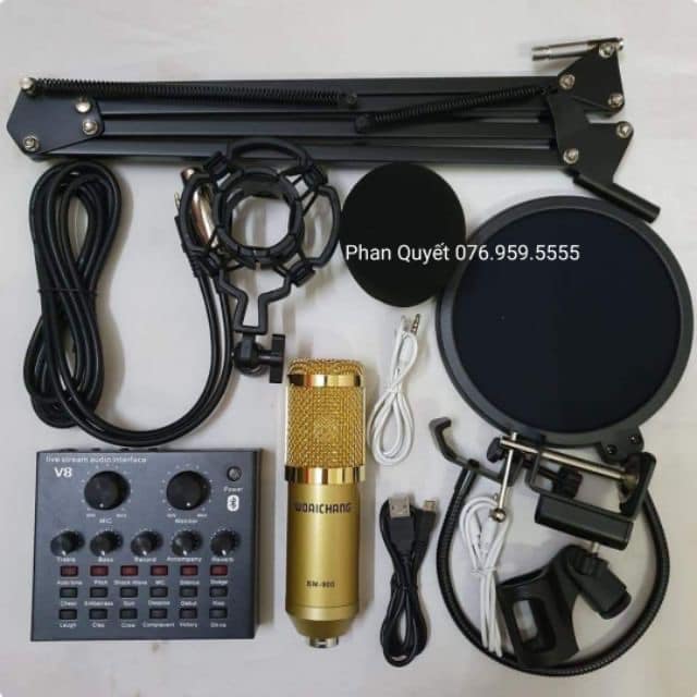 combo Bộ Míc Thu Âm Livestream Hát Karaoke Online Micro WOAICHANG BM-900+ CARD V8 Bluetooth chân màng lọc âBH 6 tháng
